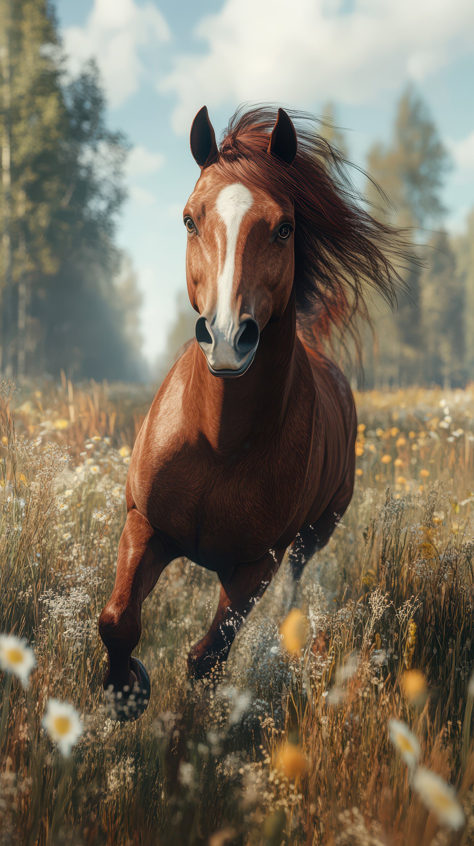 Majestic horse galloping through a field of wildflowers under a clear blue sky in the afternoon light